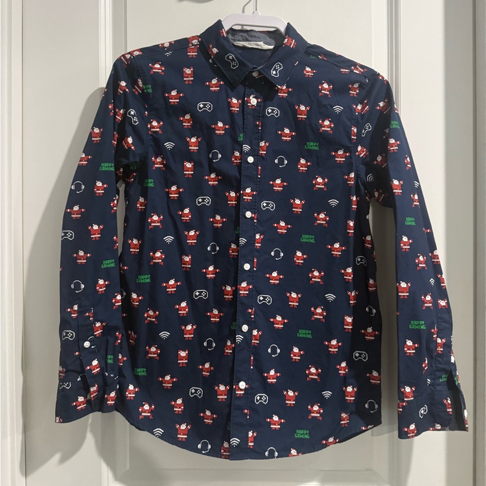 Happy Gaming Santa Print Boys Button Down Shirt